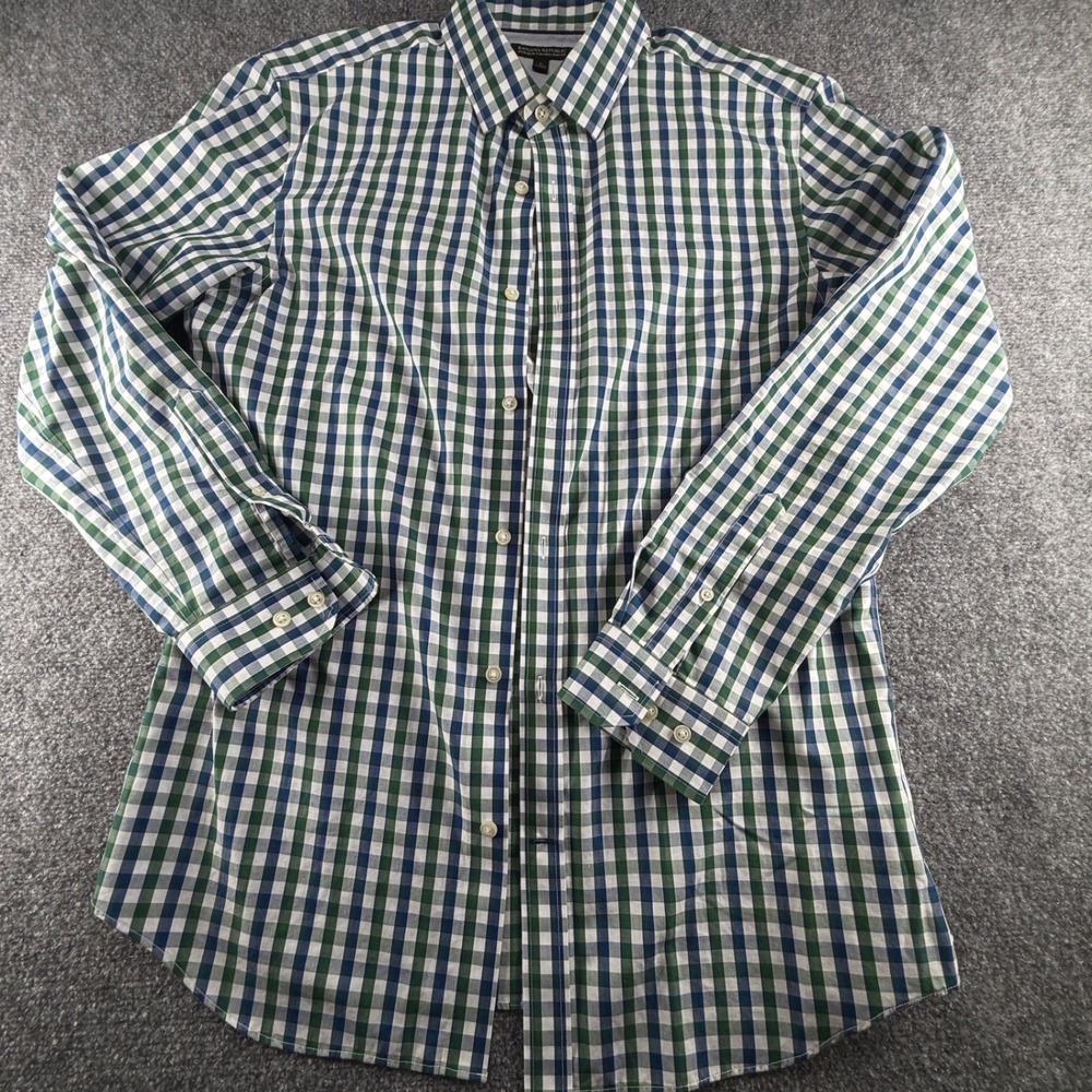 Banana Republic Mens L Green Navy Gingham Non-Iron Tailored Slim Fit Shirt